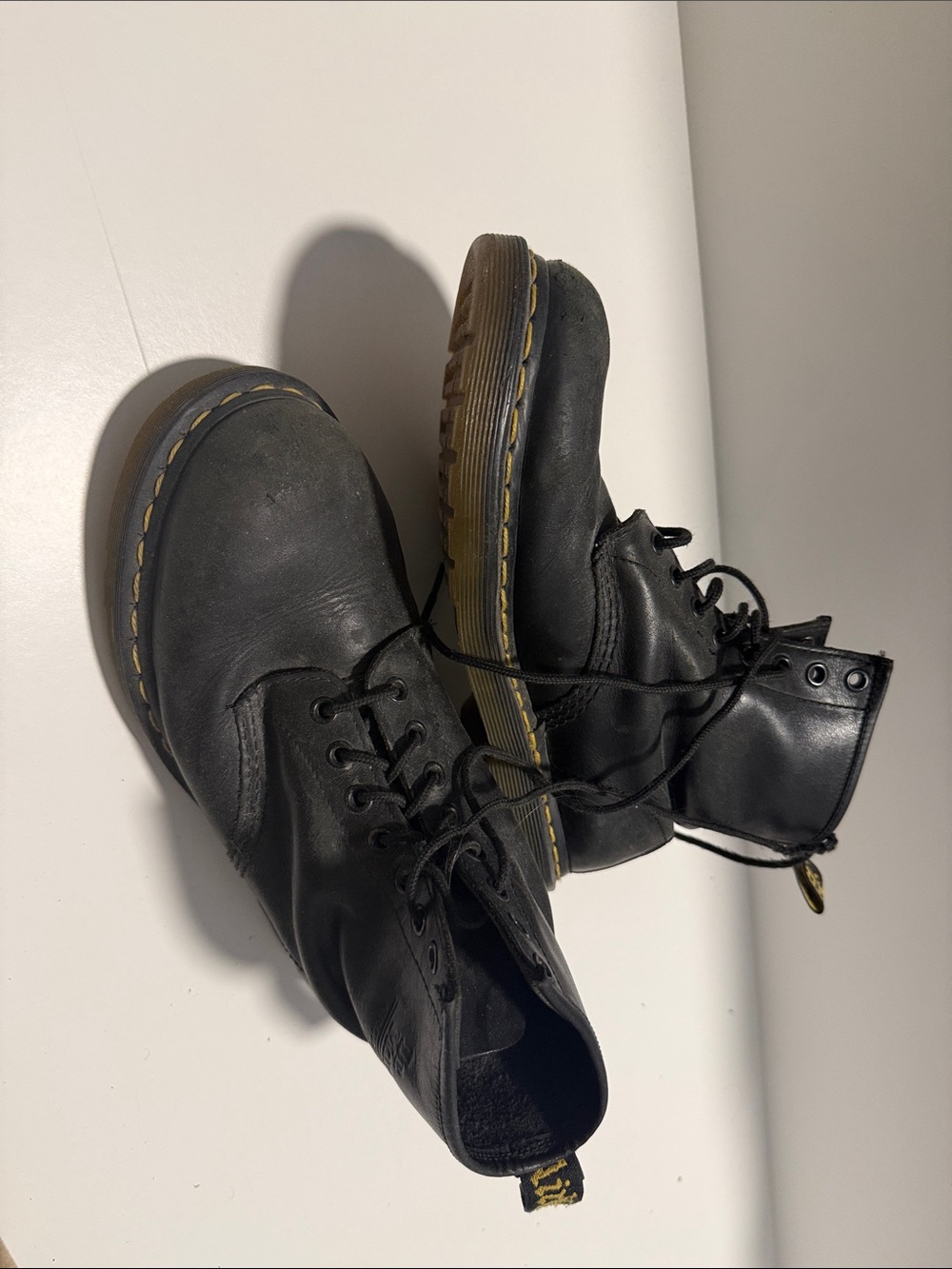 Dr. Martens Black Leather Lace-Up Combat Boots with Yellow Stitching